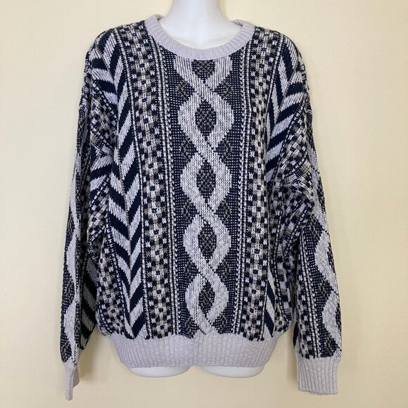 Boulevard Club Textured Knit Pullover Sweater Vintage 90s Blue/White Pattern - Picture 7 of 7